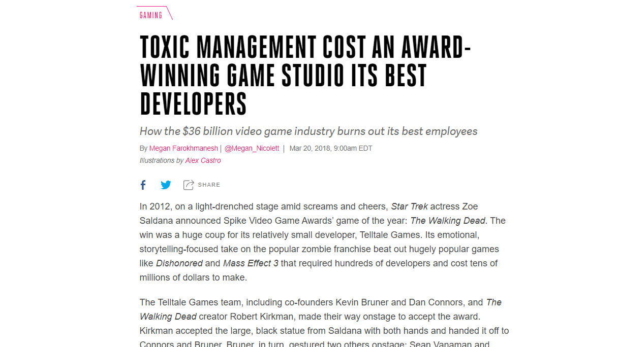 Toxic Management Cost an Award-winning Game Studio Its Best Developers